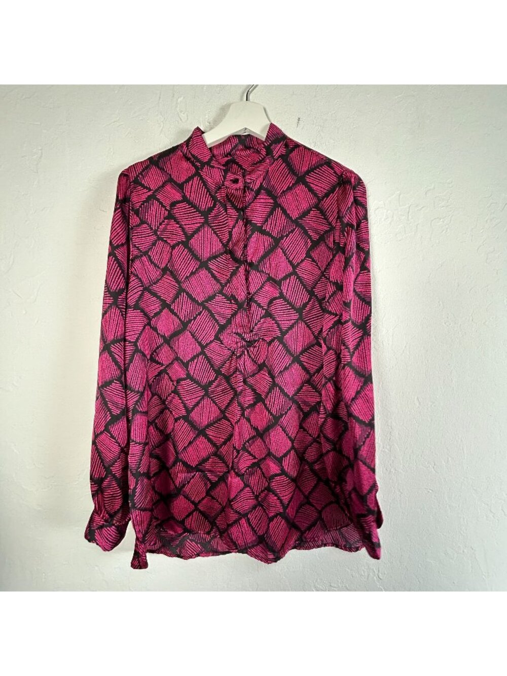 Anne Klein Womens Banded Collar Long Sleeve Popover Tunic Top Large Pink/Black